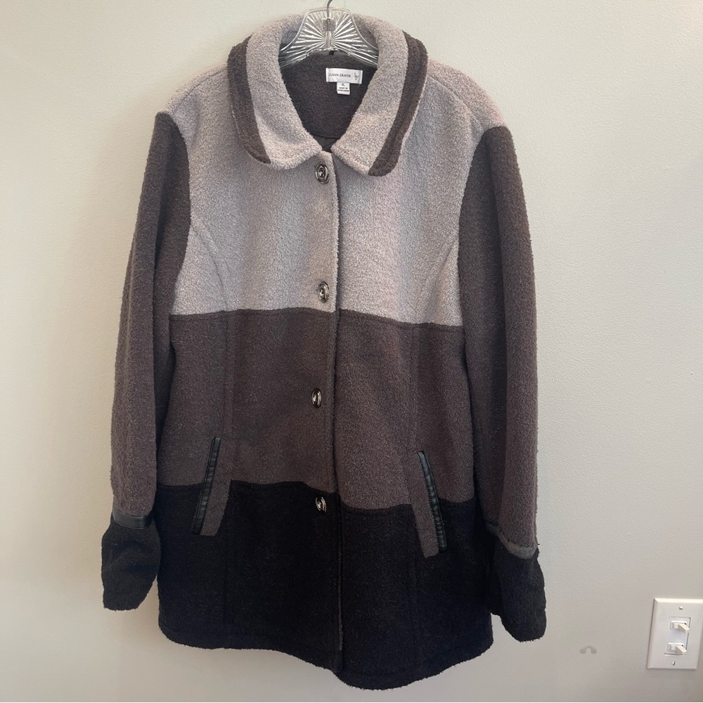 Susan Graver Women’s Boucle Fleece Color Block Brown  Mid Length Coat Size XL